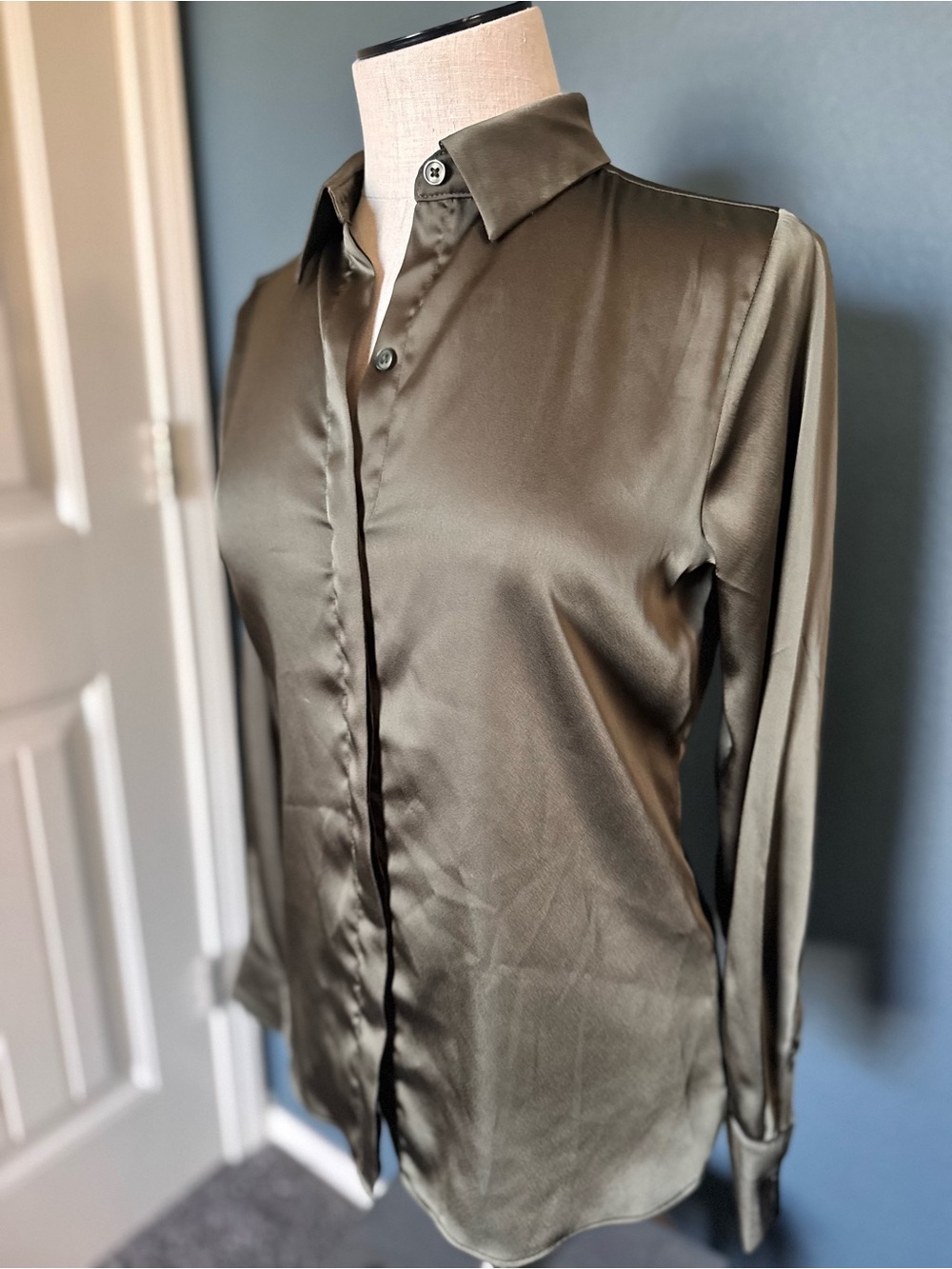 Satin Button-Up Shirt in Olive Green